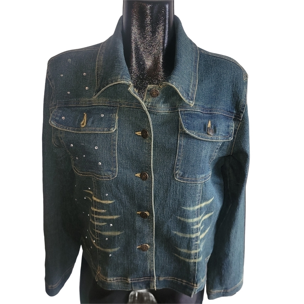 Margie Distressed with Rhinestone Detailed Denim Jacket Size L